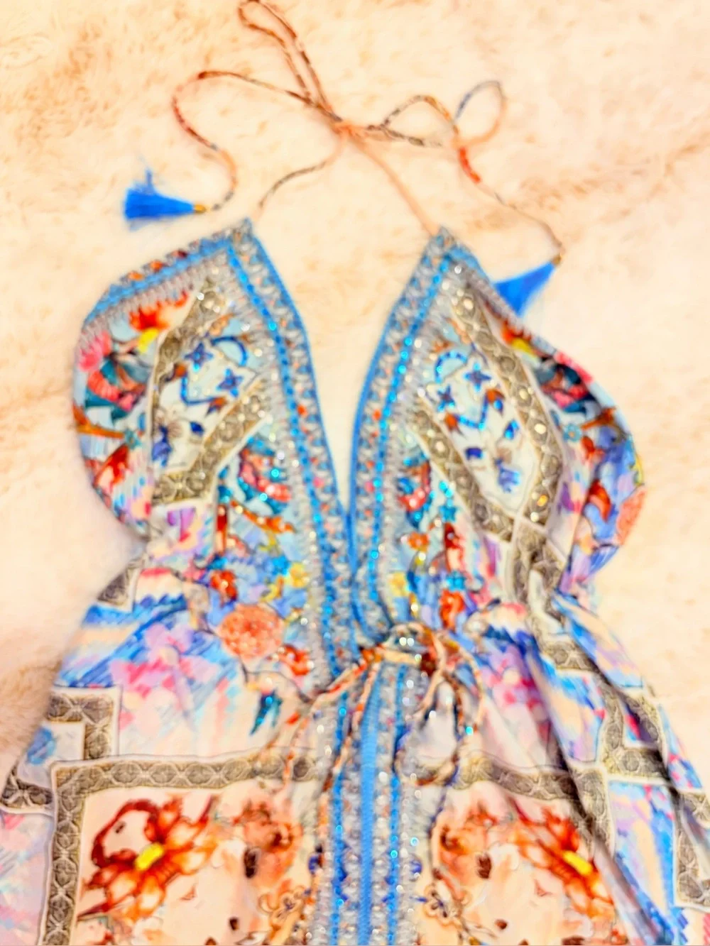 ๐ง๐ผ Y2K Fairycore Sequin Beaded Sakkas Halter Maxi Dress Euro Summer Boho Floral - Picture 3 of 16